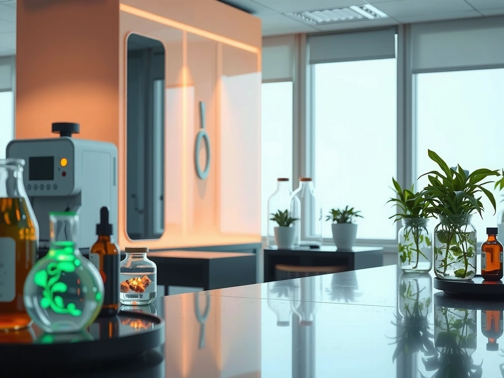 A futuristic, organic laboratory setting with glowing plant samples and advanced scientific equipment, symbolizing innovation and natural science.