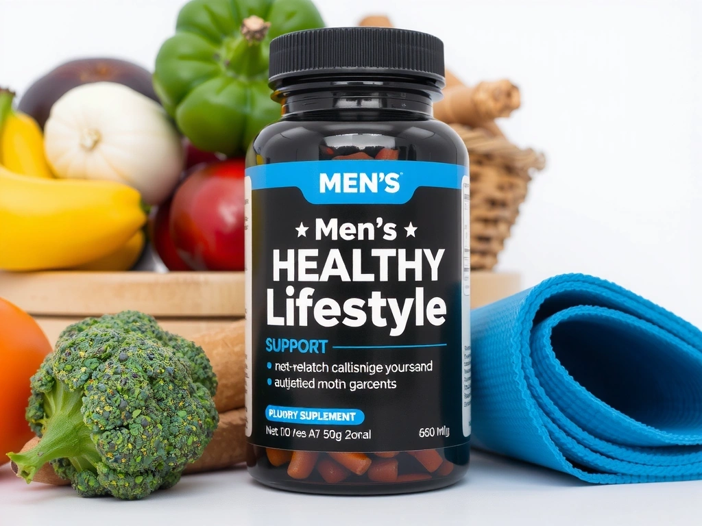 Bottle of Men's Healthy Lifestyle Support, with a balanced diet theme.
