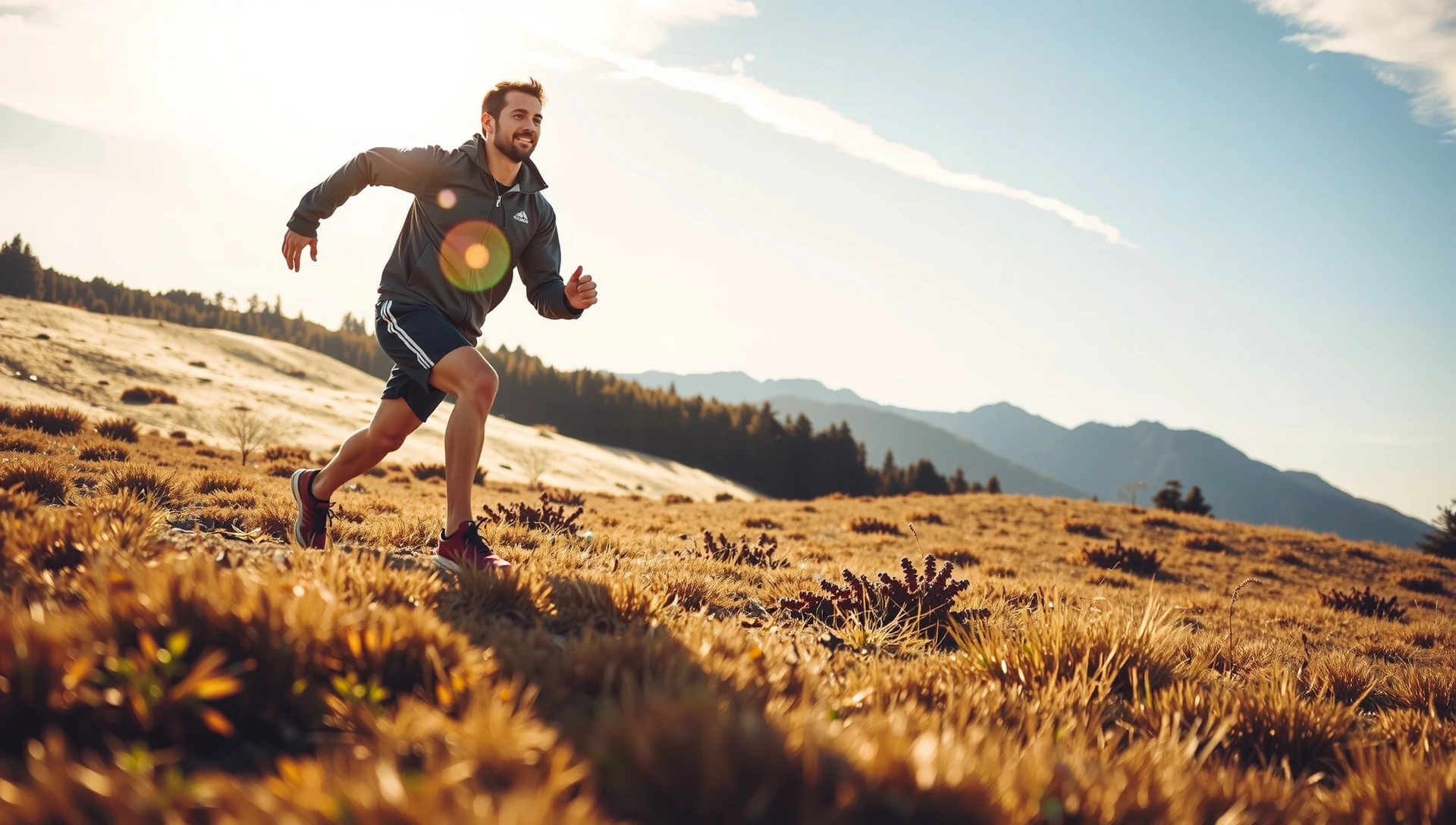 Dynamic background image of a man running with great energy in a natural setting, evoking vitality and stamina.