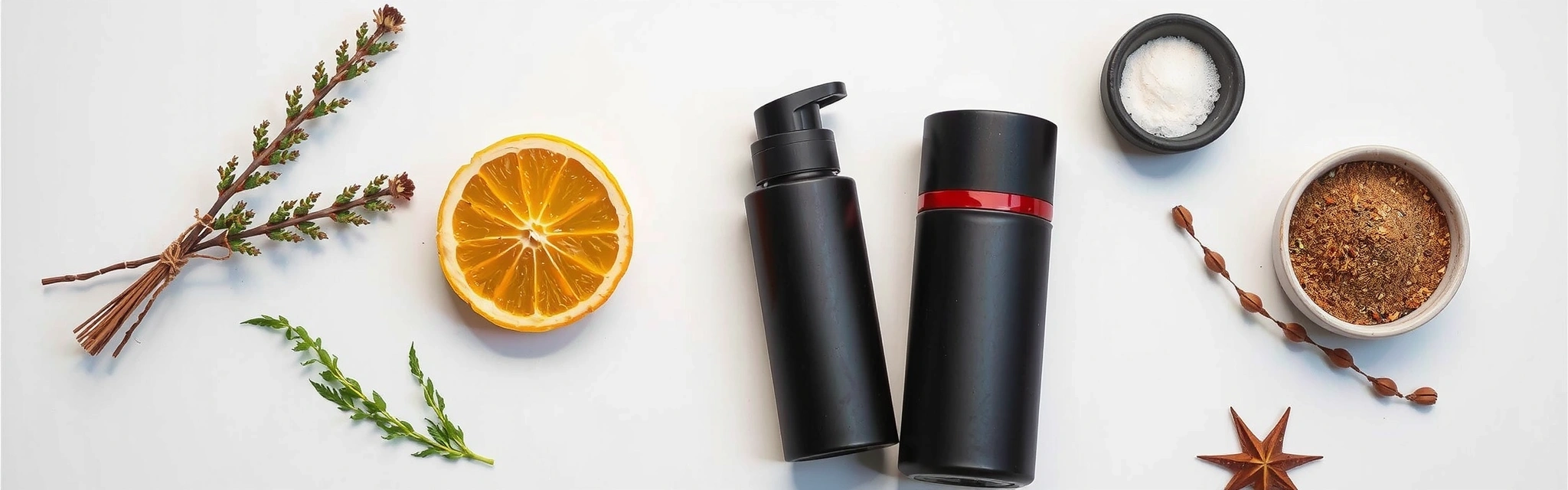 Elegant background image of natural ingredients for men's wellness, soft light, minimalist composition.