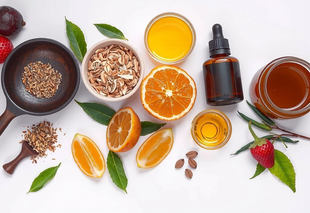 A beautifully arranged flat lay of various natural ingredients like herbs, essential oils, and fresh fruits, symbolizing the diverse product collections.